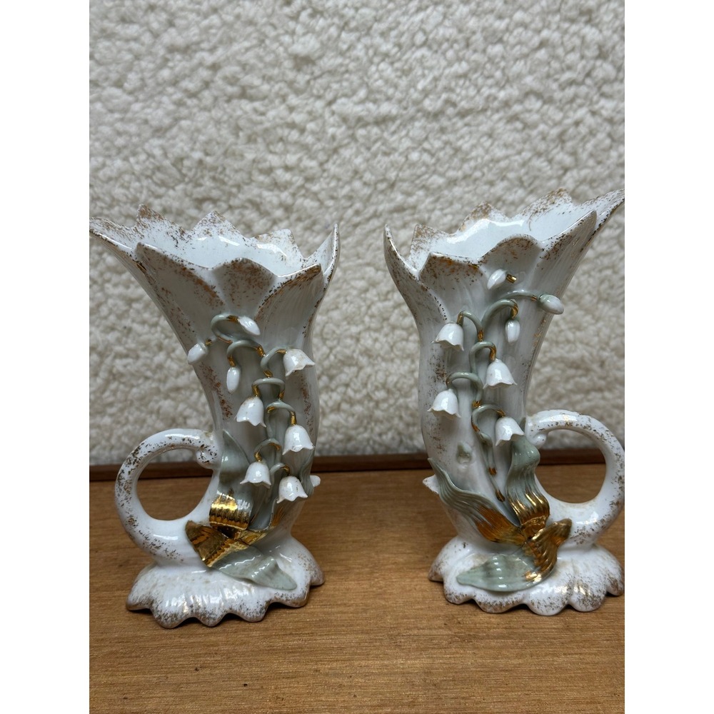 Vintage Cornucopia Vases White Lily of the Valley Gold Gilt Set 2 Lefton China
